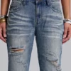 Middenblauwe, verweerde, gekreukelde Drift-flared Jeans