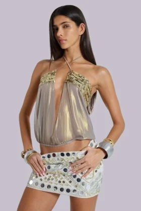 Morgana metallic chiffon top met pailletten