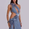 Noctelle maxi-jurk met uitsnijdingen en veren