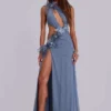 Noctelle maxi-jurk met uitsnijdingen en veren