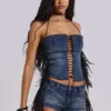 Odile denim korset met franjes en vetersluiting