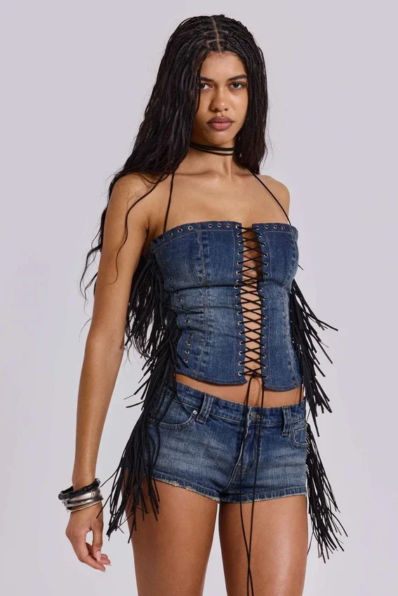 Odile denim korset met franjes en vetersluiting