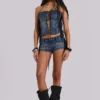 Odile denim korset met franjes en vetersluiting