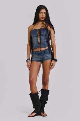 Odile denim korset met franjes en vetersluiting