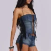 Odile denim korset met franjes en vetersluiting