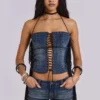 Odile denim korset met franjes en vetersluiting