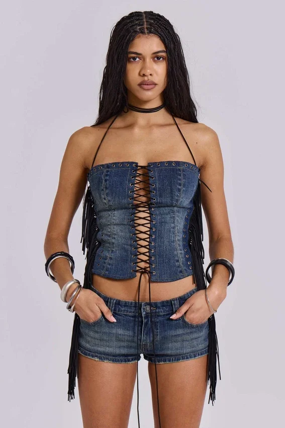 Odile denim korset met franjes en vetersluiting
