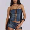 Odile denim korset met franjes en vetersluiting