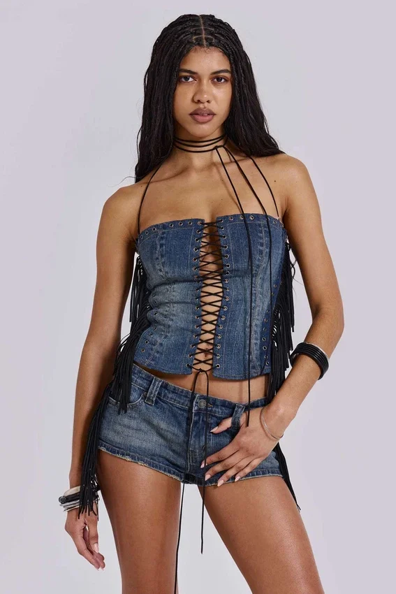 Odile denim korset met franjes en vetersluiting