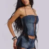 Odile denim korset met franjes en vetersluiting
