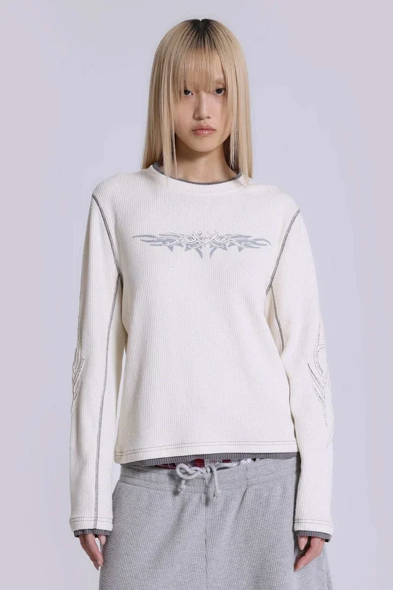 Off White T-shirt met tattoo-applicatie