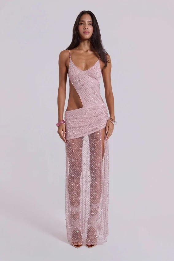 Prachtige asymmetrische maxi-jurk met handgeborduurde kralen in roze