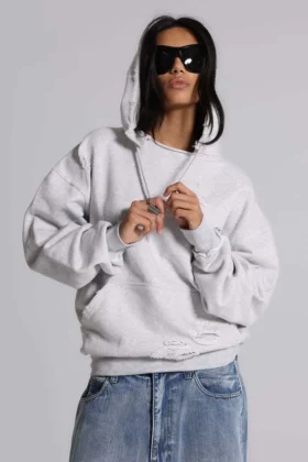 Pullover Bitten-hoodie in grijs gemêleerd