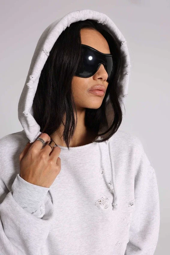 Pullover Bitten-hoodie in grijs gemêleerd