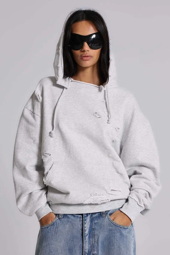 Pullover Bitten-hoodie in grijs gemêleerd