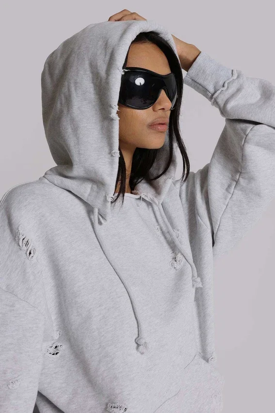 Pullover Bitten-hoodie in grijs gemêleerd