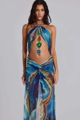 Quartz halter maxi-jurk met kristallen