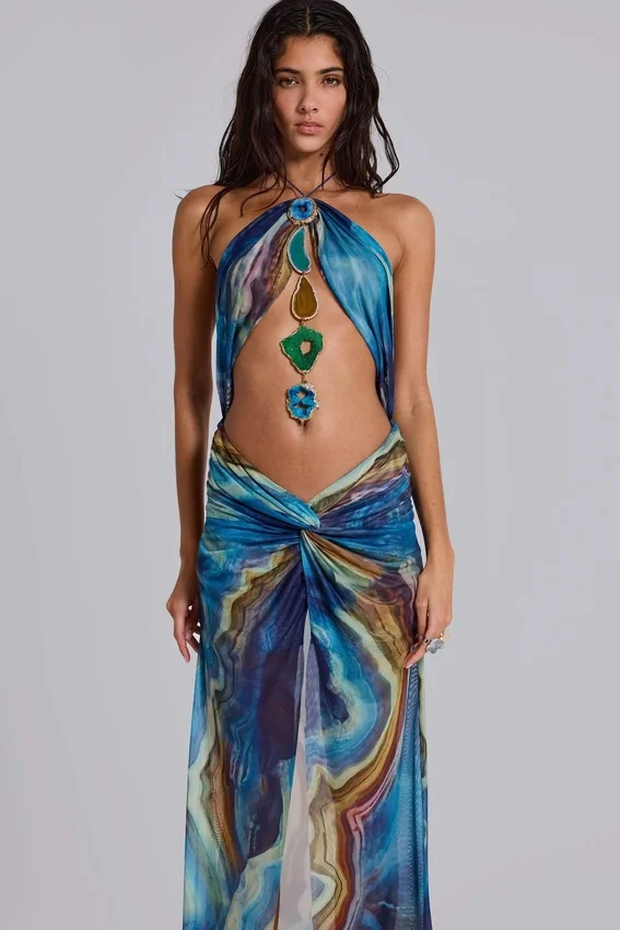Quartz halter maxi-jurk met kristallen