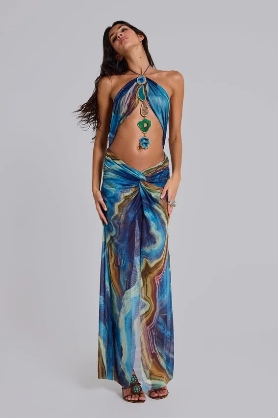 Quartz halter maxi-jurk met kristallen