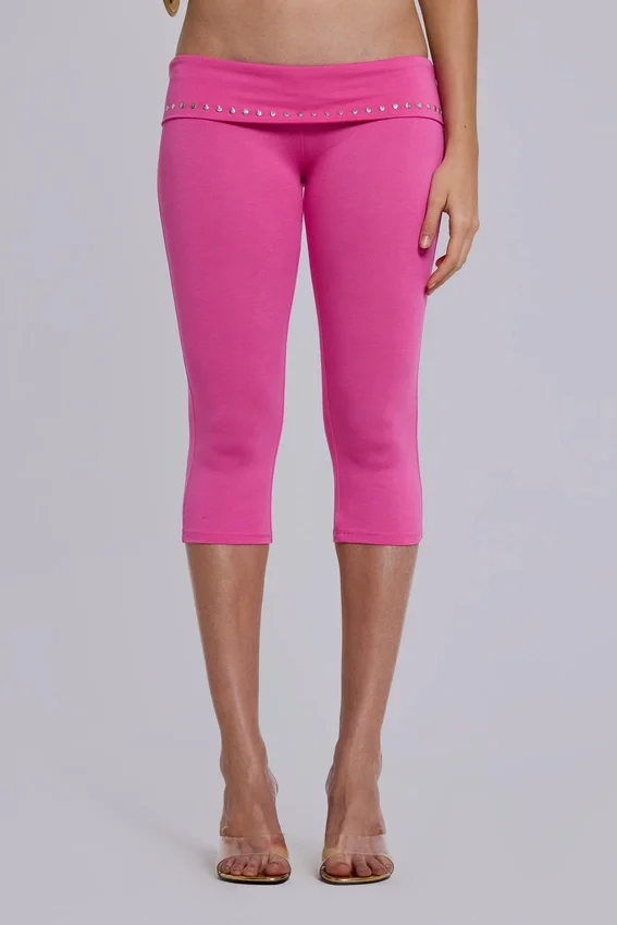 Quinn capribroek van jersey met studs in roze