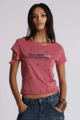 Rally T-shirt met versleten look en versieringen