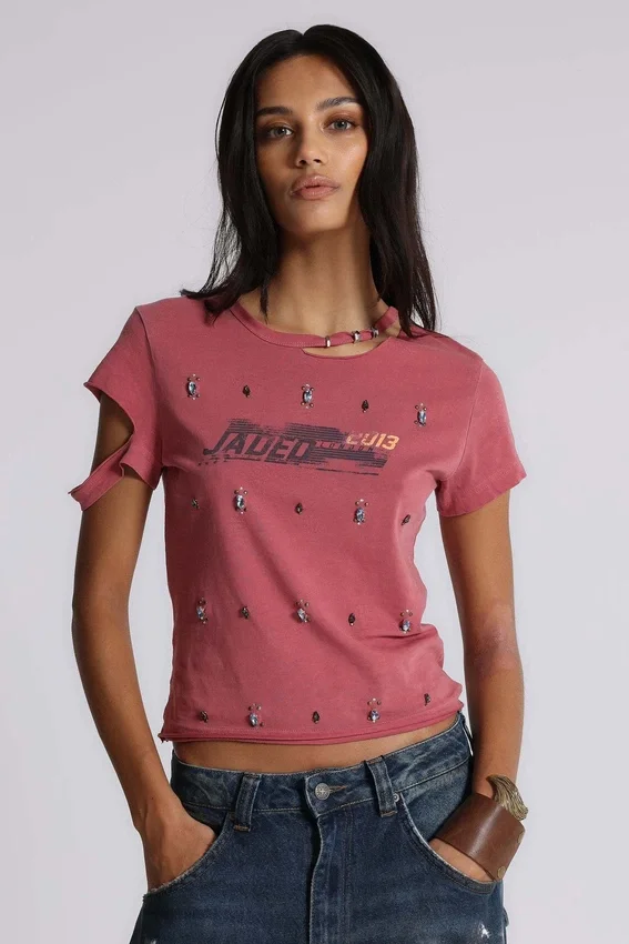 Rally T-shirt met versleten look en versieringen