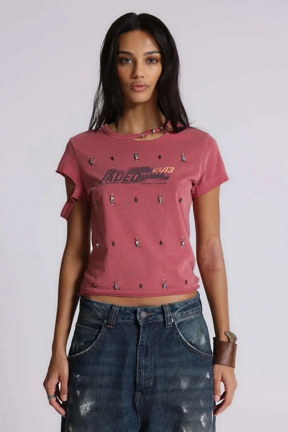 Rally T-shirt met versleten look en versieringen