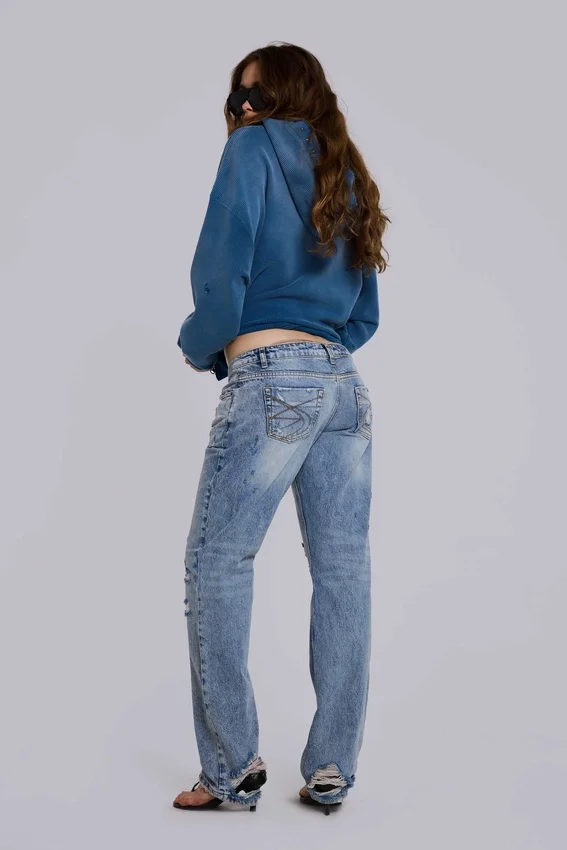 Rider-jeans met lage taille en rechte pijpen in lichte wassing