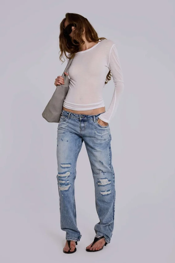 Rider-jeans met lage taille en rechte pijpen in lichte wassing