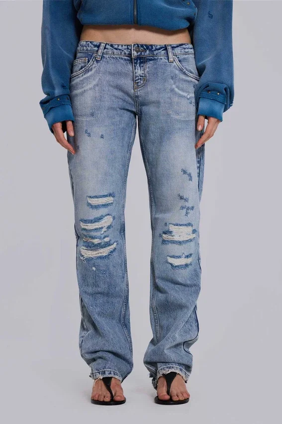 Rider-jeans met lage taille en rechte pijpen in lichte wassing