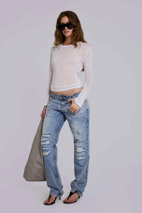 Rider-jeans met lage taille en rechte pijpen in lichte wassing