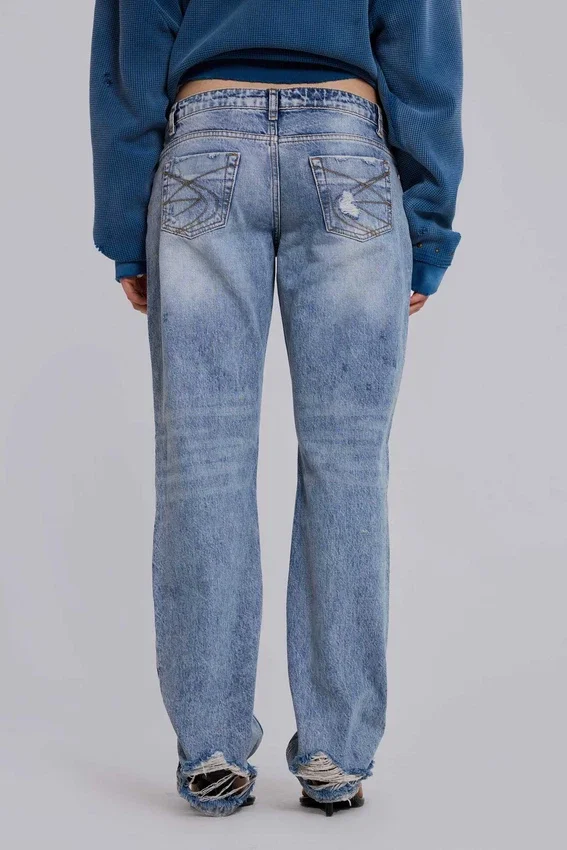 Rider-jeans met lage taille en rechte pijpen in lichte wassing