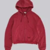 Rode, door de zon verbleekte hoodie met rits en wafelvoering
