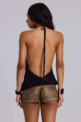 Tatiana rugloze top met studs in zwart