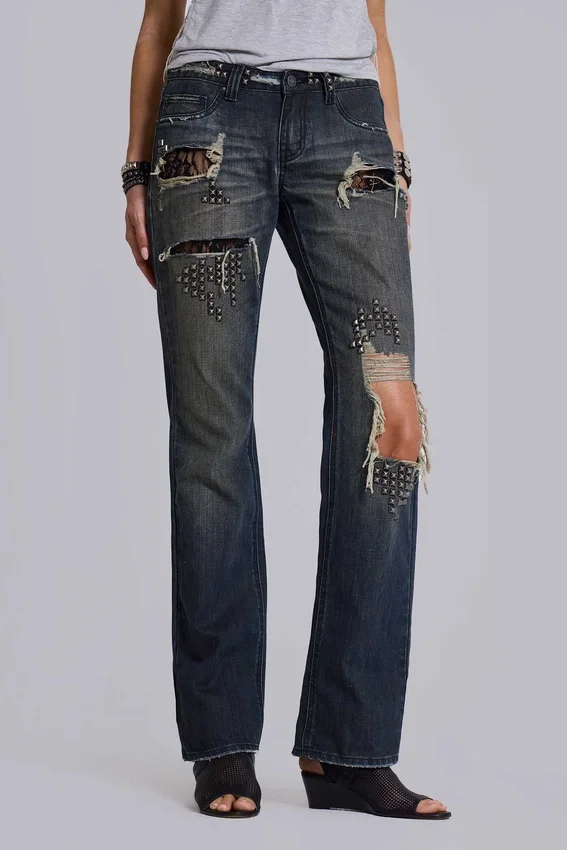 Tori versleten kanten bootcut-Jeans met lage taille