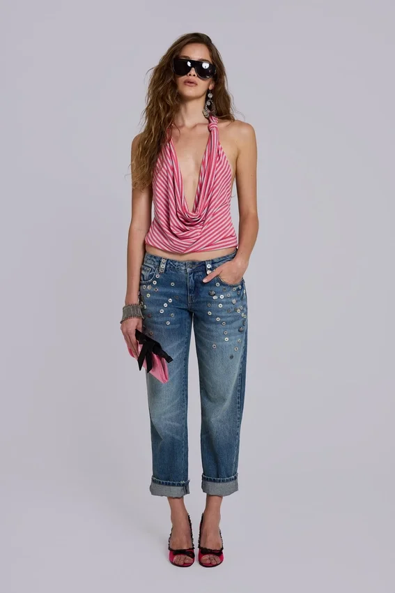 Tullia gestreepte jersey top met drapering