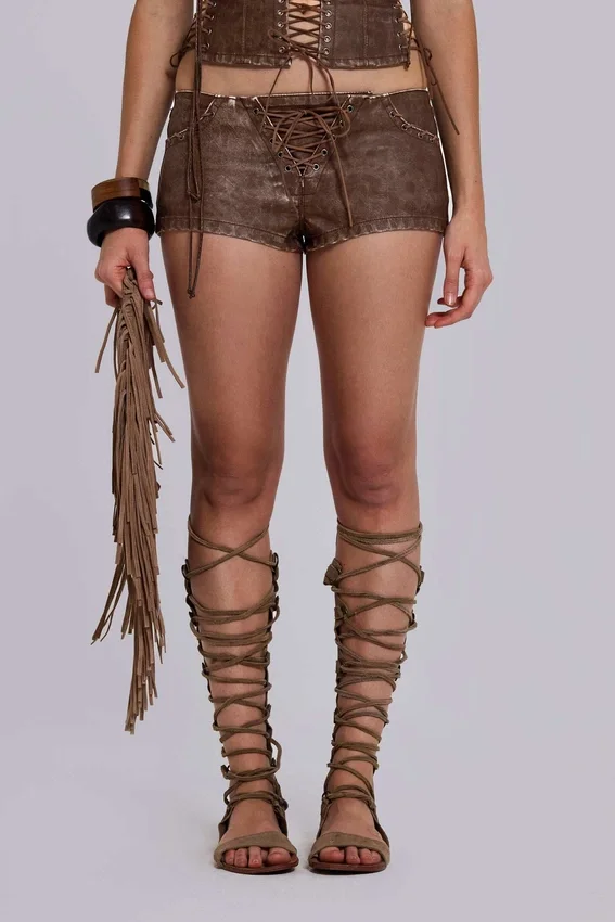 Vaca Whipstitch mini-short van imitatieleer in bruin