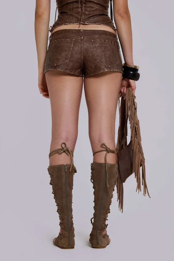 Vaca Whipstitch mini-short van imitatieleer in bruin