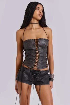 Vaca Whipstitch minishort van imitatieleer in zwart