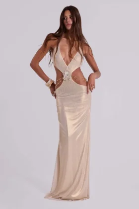 Vida rugloze maxi-jurk in goud