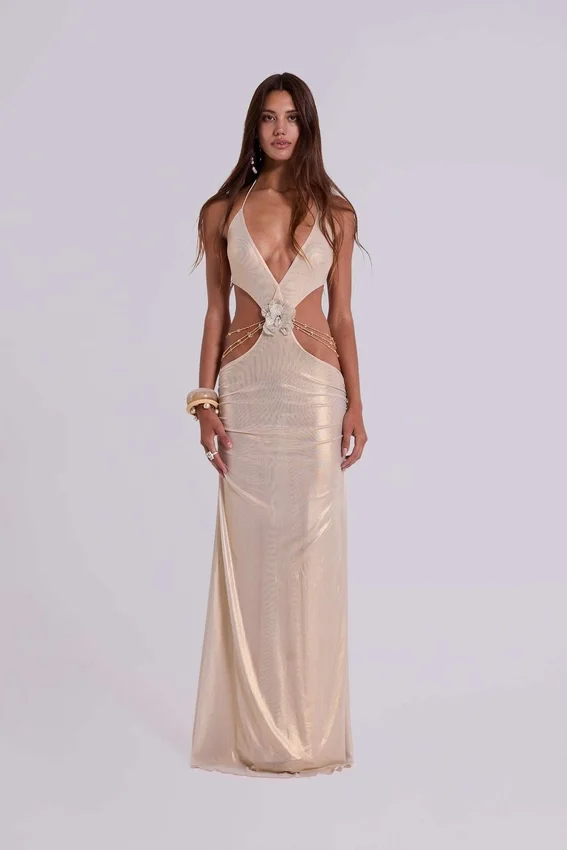 Vida rugloze maxi-jurk in goud