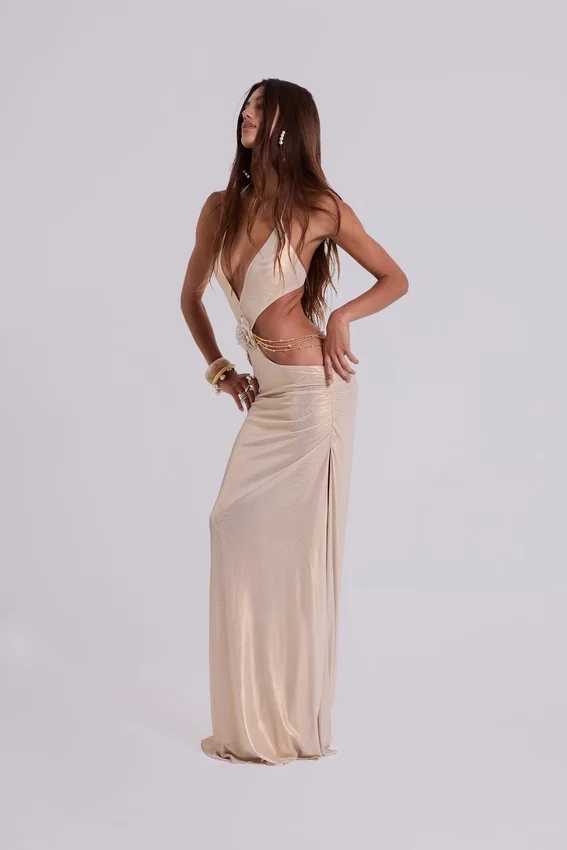Vida rugloze maxi-jurk in goud