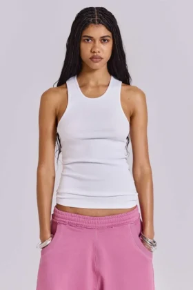 Witte geribde longline-vest