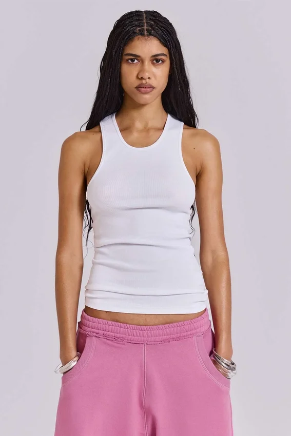 Witte geribde longline-vest