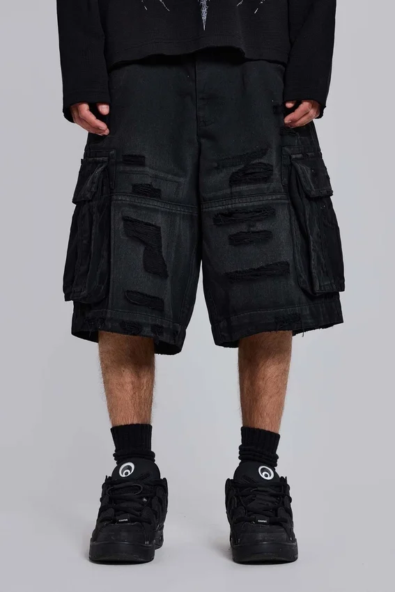 Zwarte Beach-cargoshorts met distressed-effect