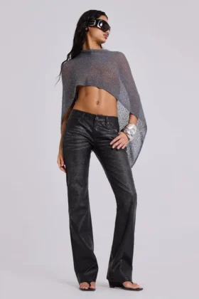 Zwarte Cooper PU-Jeans met uitlopende pijpen