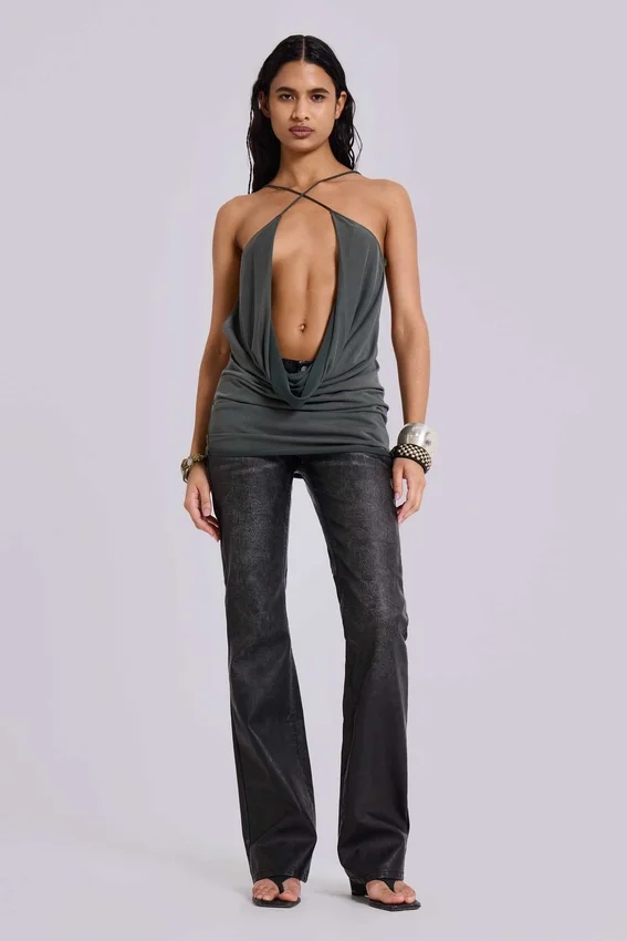 Zwarte Cooper PU-Jeans met uitlopende pijpen